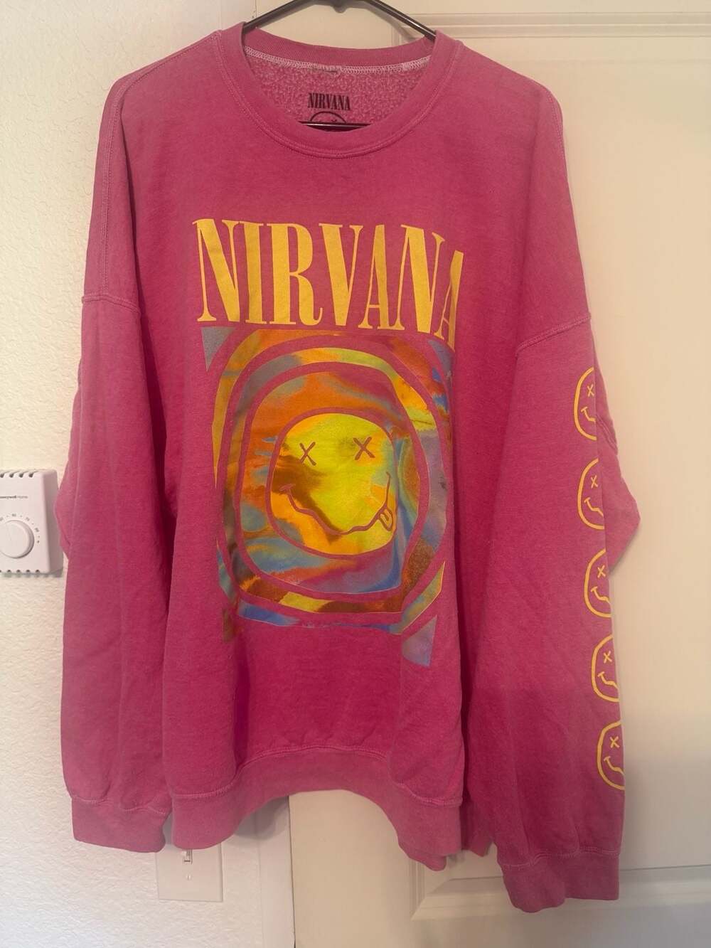 Nirvana Oversized Graphic Crewneck Sweatshirt Pink Smiley Face